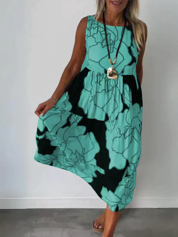 Sleeveless Round Neck Tiered Swing Midi Summer Dress