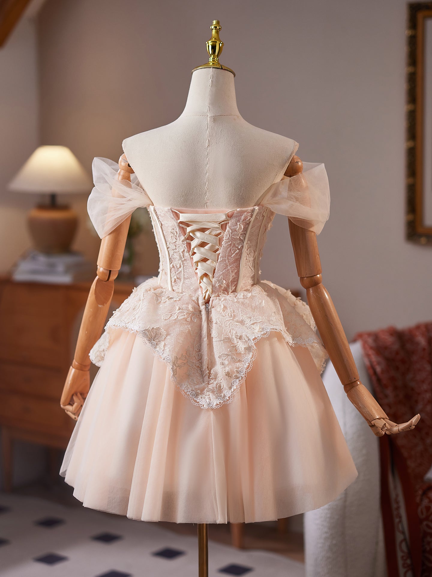 New Arrival A Line Champagne Off The Shoulder Homecoming Dress with 3D Flower Appliques