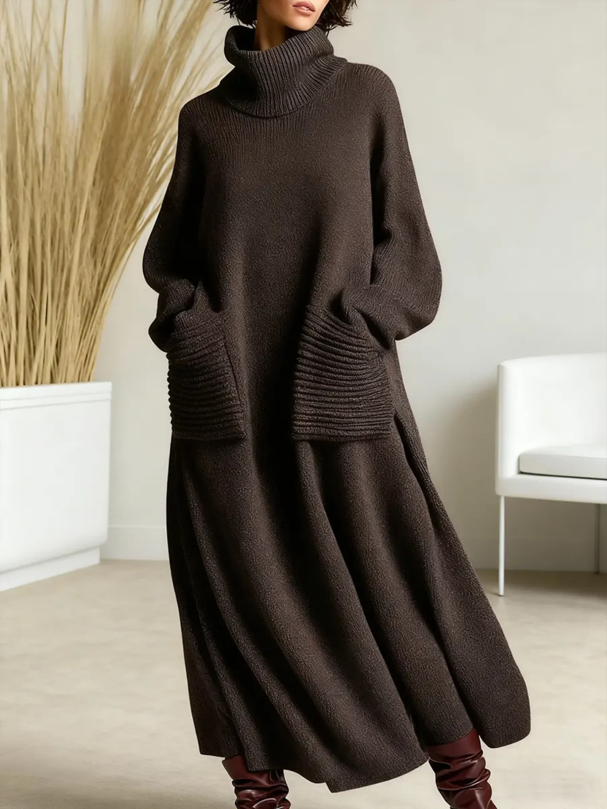 Turtleneck Pocket Knit Maxi Sweater Dress