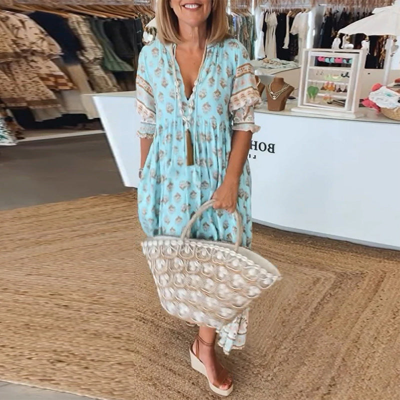 Printed V-Neck Ruffle Short Sleeve Tiered Maxi Dress