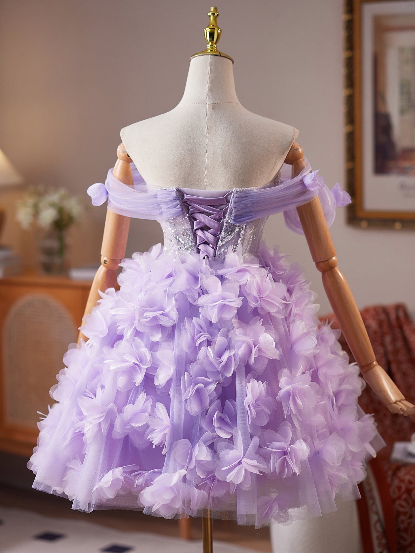 Gorgeous Lilac Tulle Flower Appliques A Line Homecoming Dress with Sequins