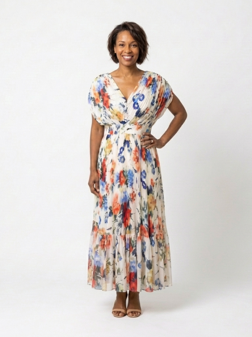 Watercolor Floral V-Neck Pleated Maxi Dress