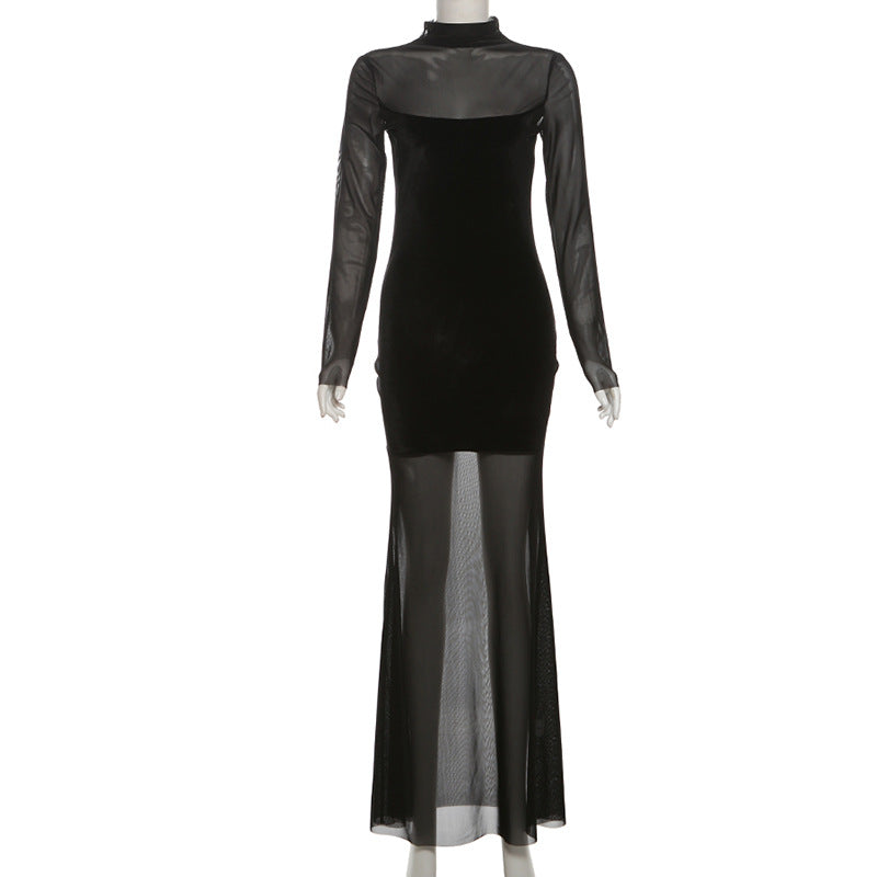 Velvet Crush Mesh Panel Mock Neck Long Sleeve Maxi Gown