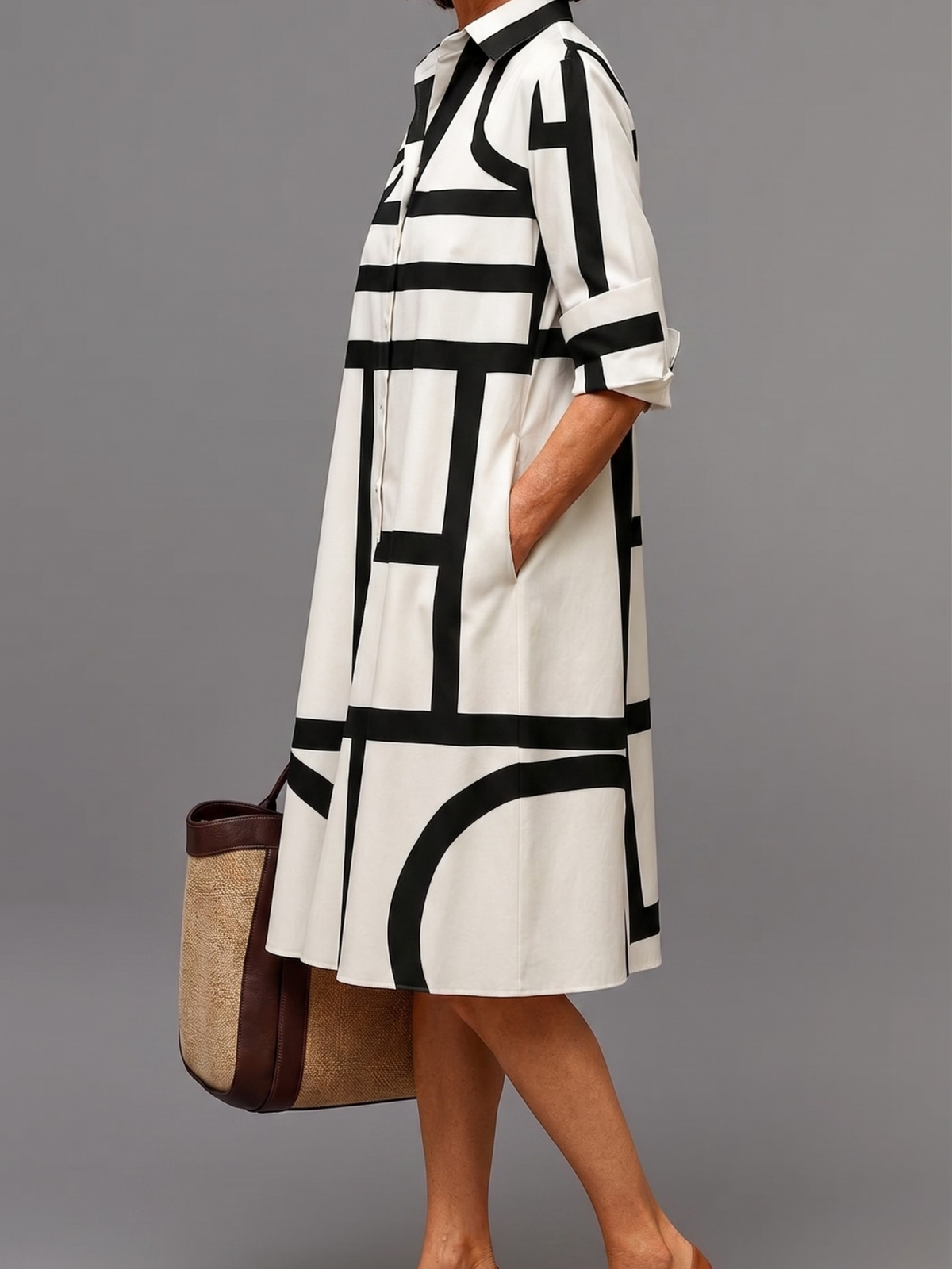 Geometric Print Collared Button Front Shirt Dress
