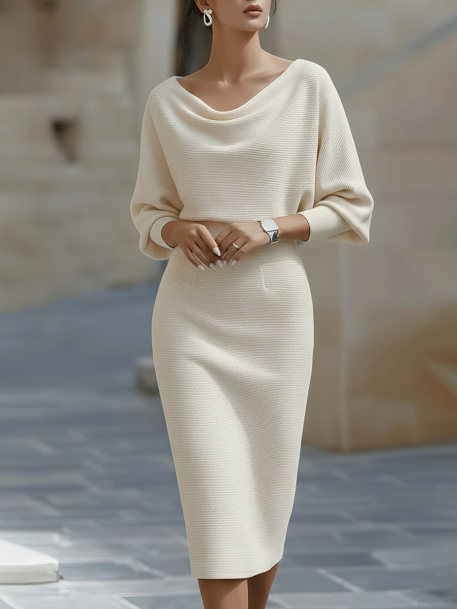 Knit Cowl Neck Batwing Long Sleeve Bodycon Midi Dress 2