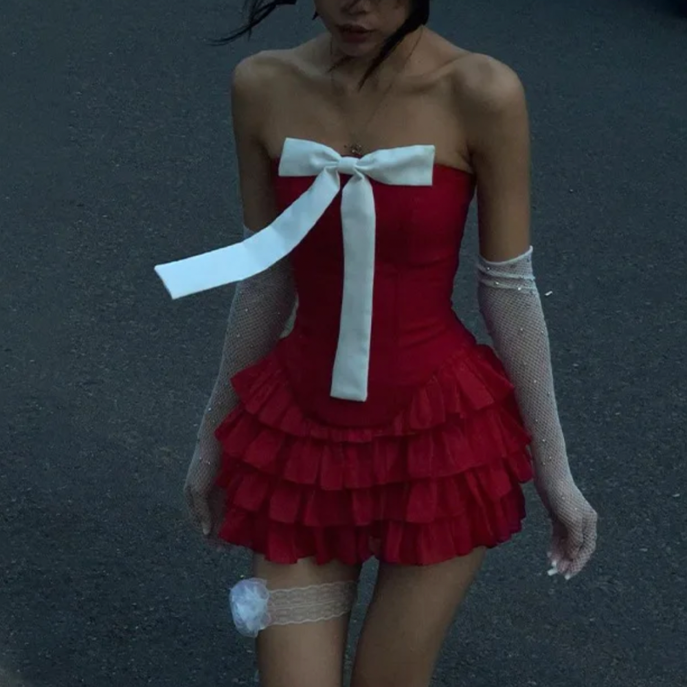 Strapless Bow Tiered Ruffle Mini Dress 3