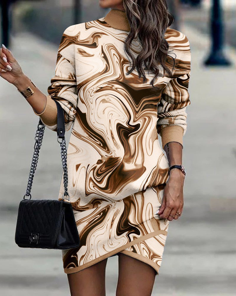 Mock Neck Long Sleeve Geometric Print Wrap Hem Bodycon Mini Dress