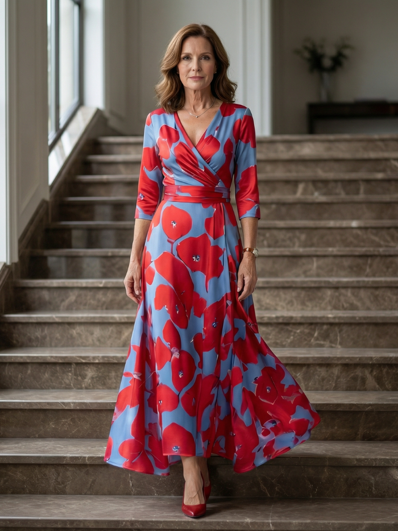 Floral V-Neck Wrap Three Quarter Sleeve Satin Maxi Dress