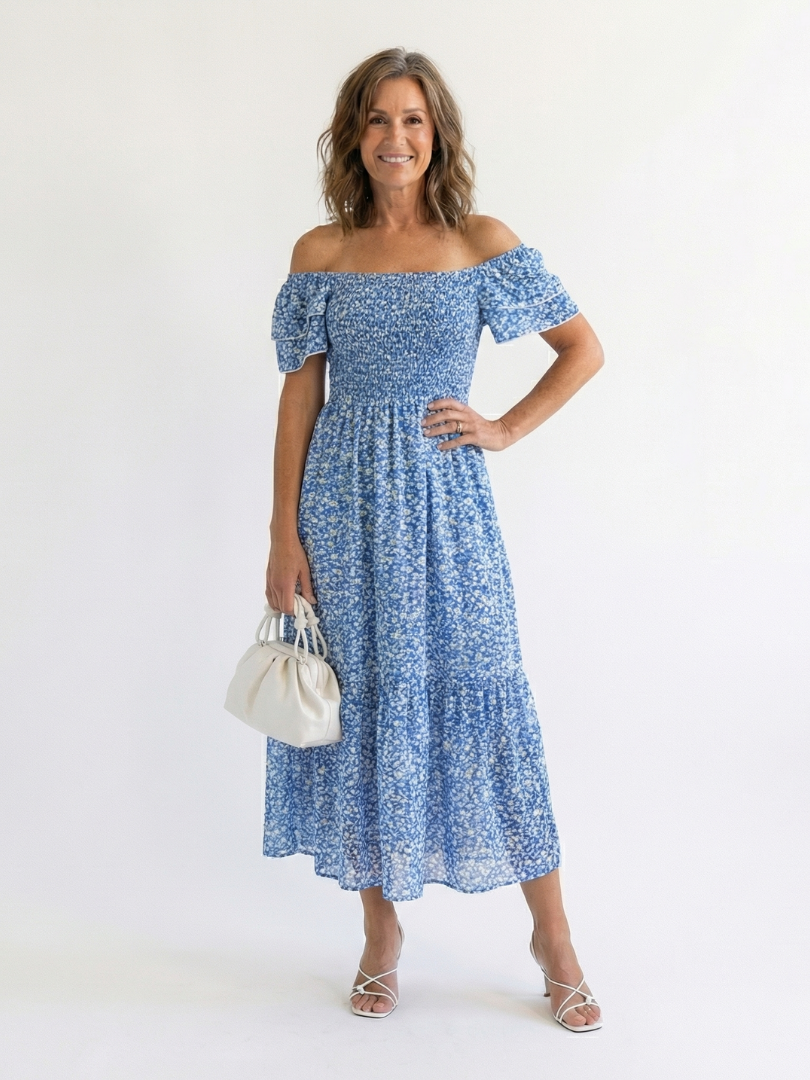 Floral Square Neck Flutter Sleeve Smocked Tiered Midi Dress
