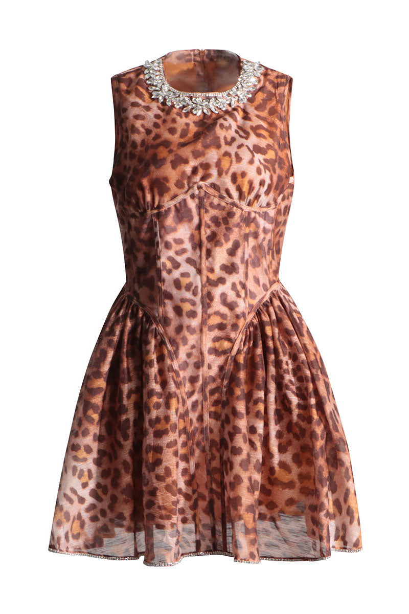 Leopard Print Round Neck Crystal Trim Corset Fit and Flare Mini Dress