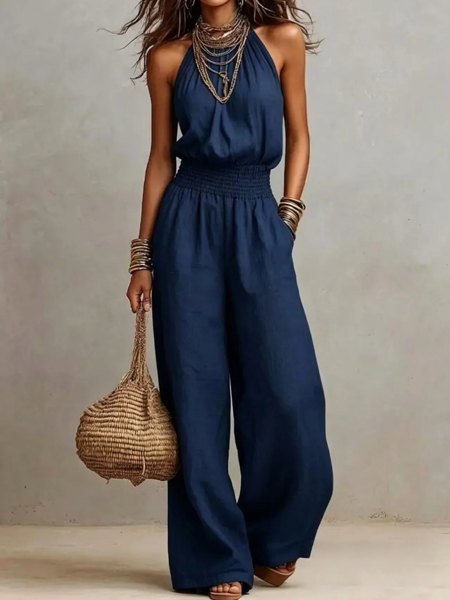 Halter Neck Smocked Waist Wide Leg Jumpsuit 5