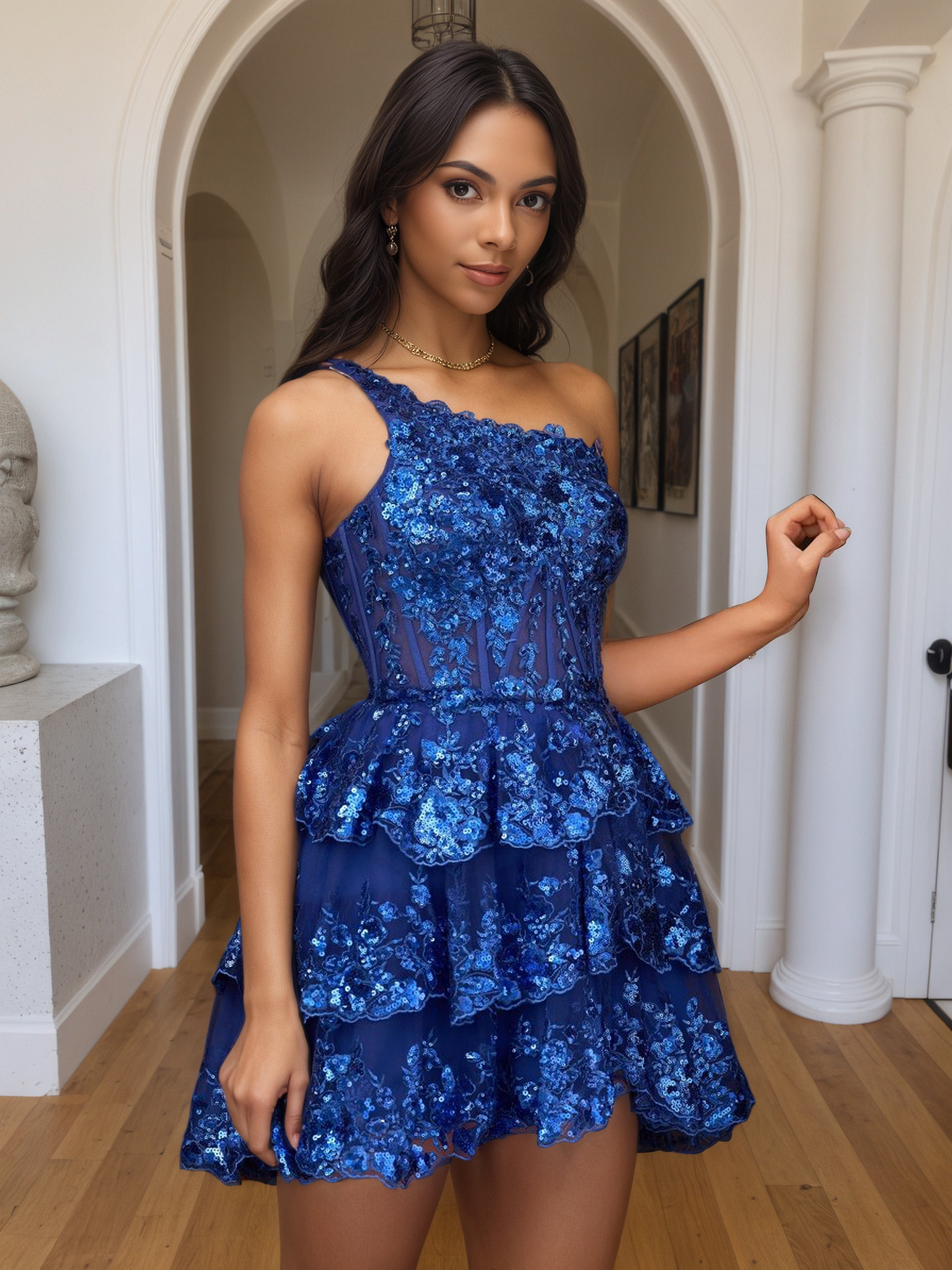 One Shoulder Royal Blue Tiered Lace A Line Homecoming Dress