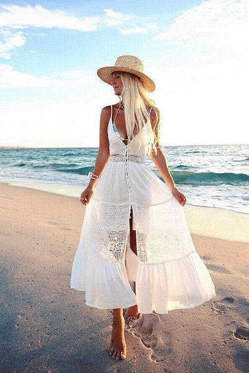Spaghetti Strap V-Neck Button Front Lace Trim Tiered Ruffle Midi Dress
