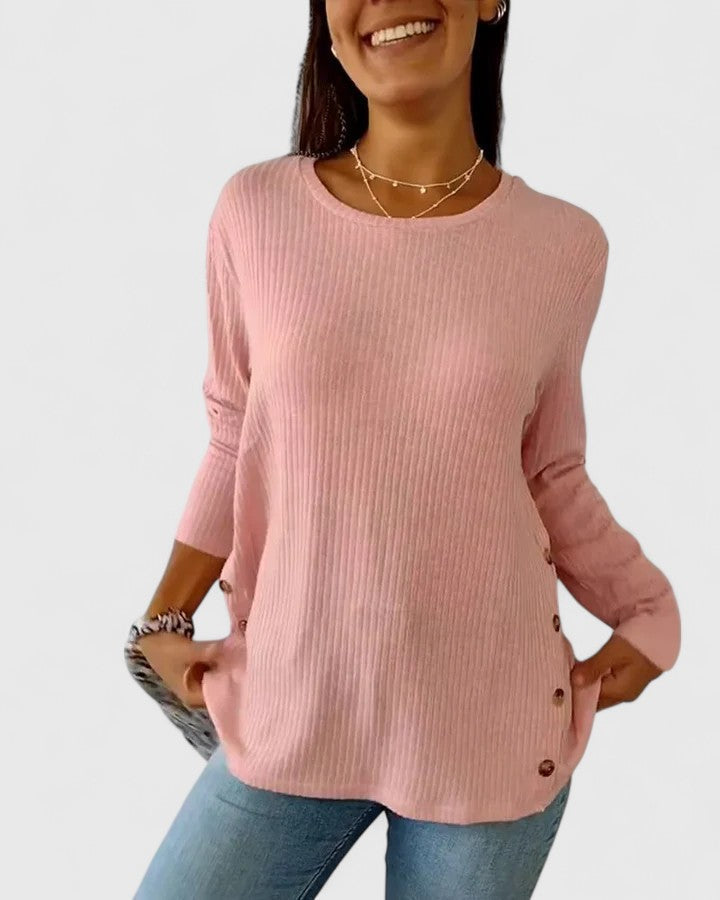 Crew Neck Long Sleeve Ribbed Side Button Top