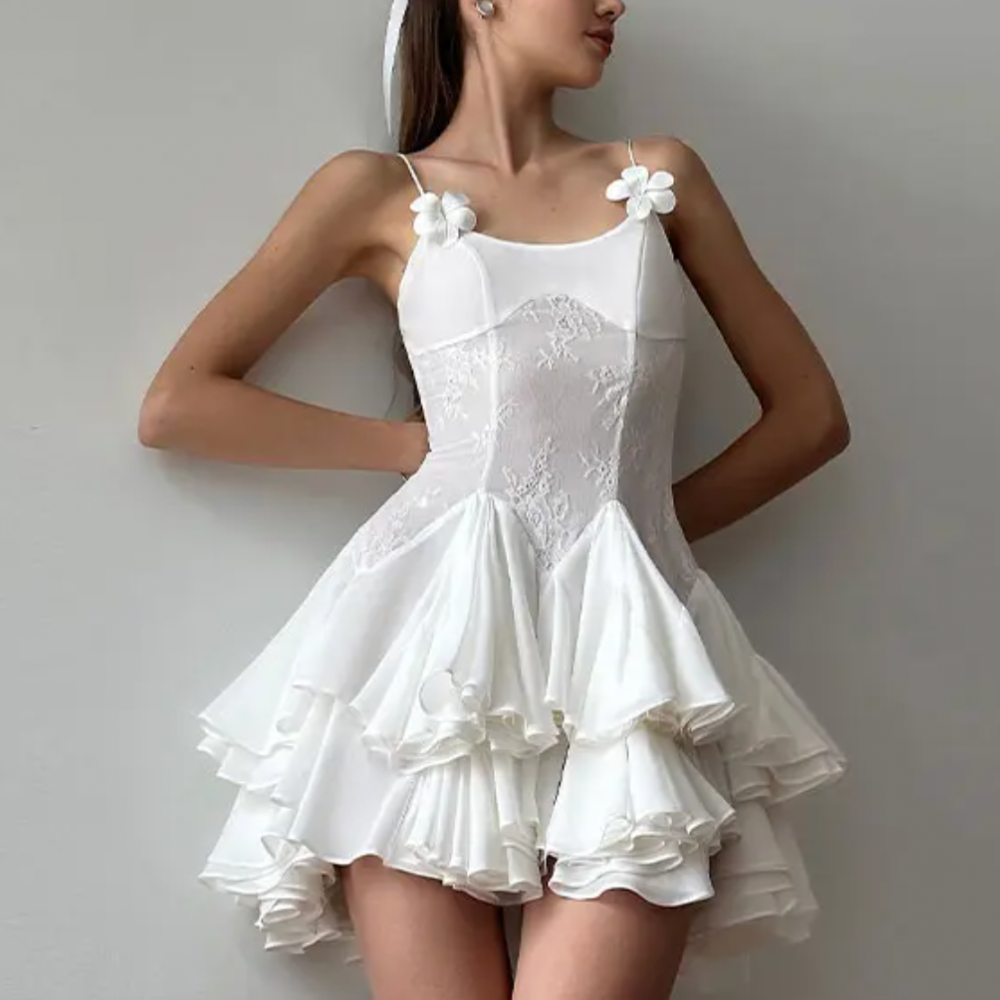 Lace Bustier Spaghetti Strap Tiered Ruffle Mini Dress 5