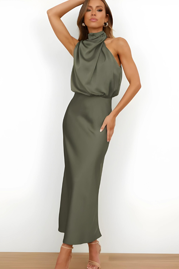 Satin Halter Neck Cowl Drape Sleeveless Column Maxi Gown