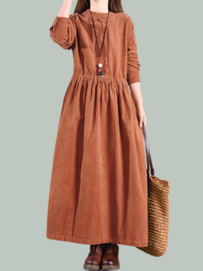 Corduroy Round Neck Button Front Long Sleeve Gathered Waist A-Line Maxi Dress
