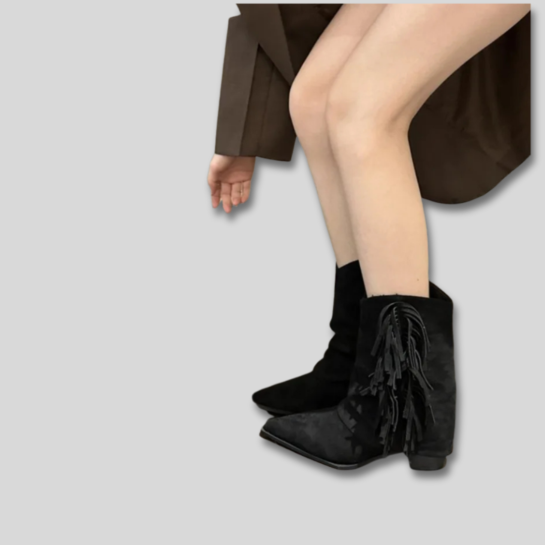 Suede Look Fringe Pointed Toe Slouch Western Boots