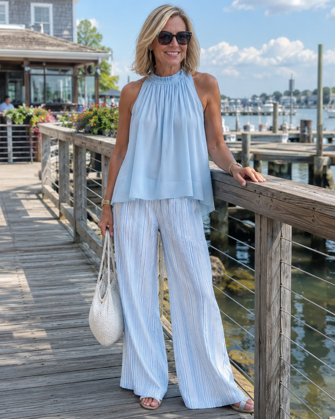Halter Neck Sleeveless Top and Wide Leg Pants Two Piece Set