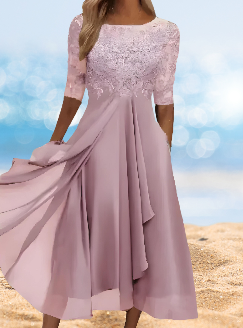 Floral Lace Illusion Scoop Neck Mesh Sleeve A-Line Chiffon Formal Midi Dress