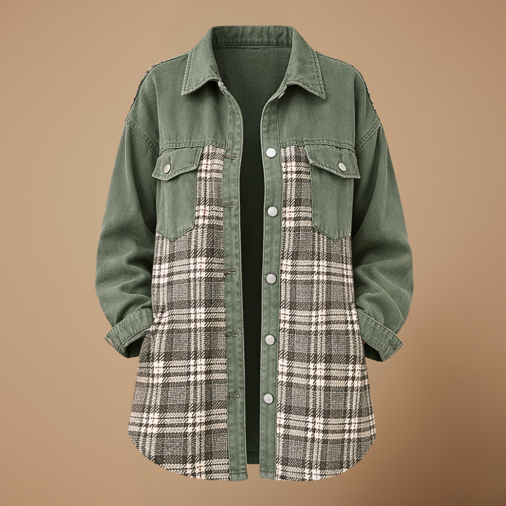 Denim Jacket with Plaid Patchwork and Button Closure