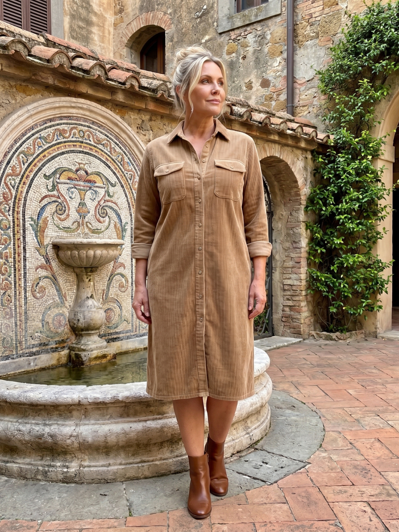 Long Sleeve Button Front Patch Pocket Corduroy Shirt Dress