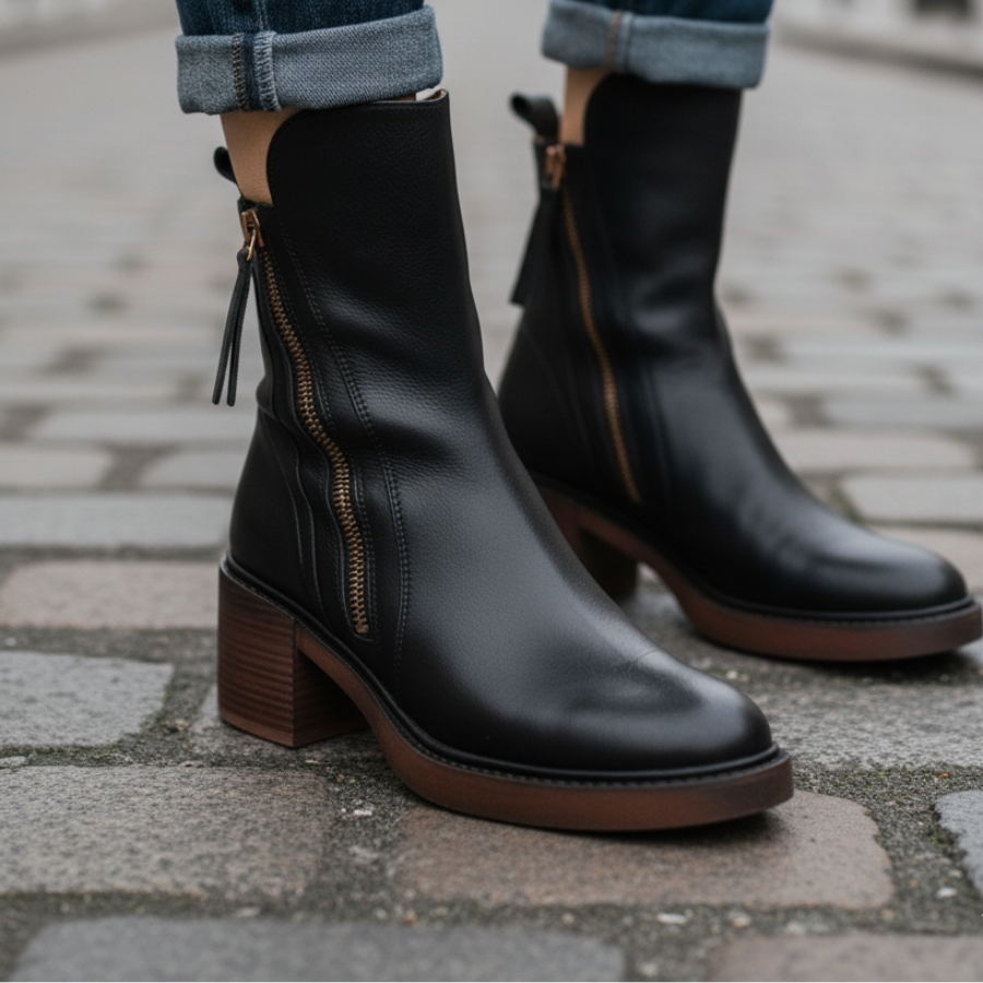 Round Toe Front Zip Block Heel Ankle Boots