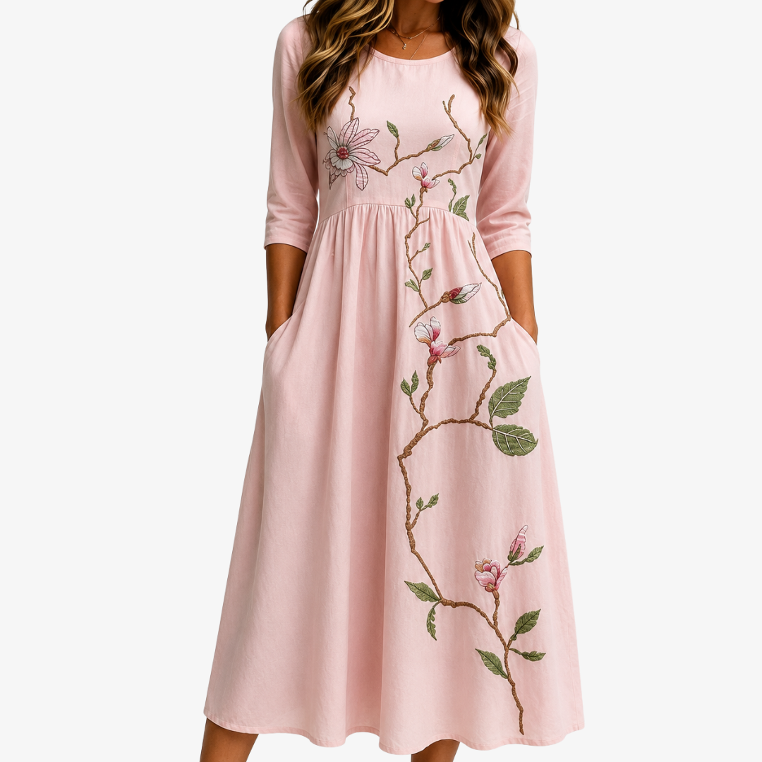 Floral Embroidered Round Neck Pocket A-Line Midi Dress