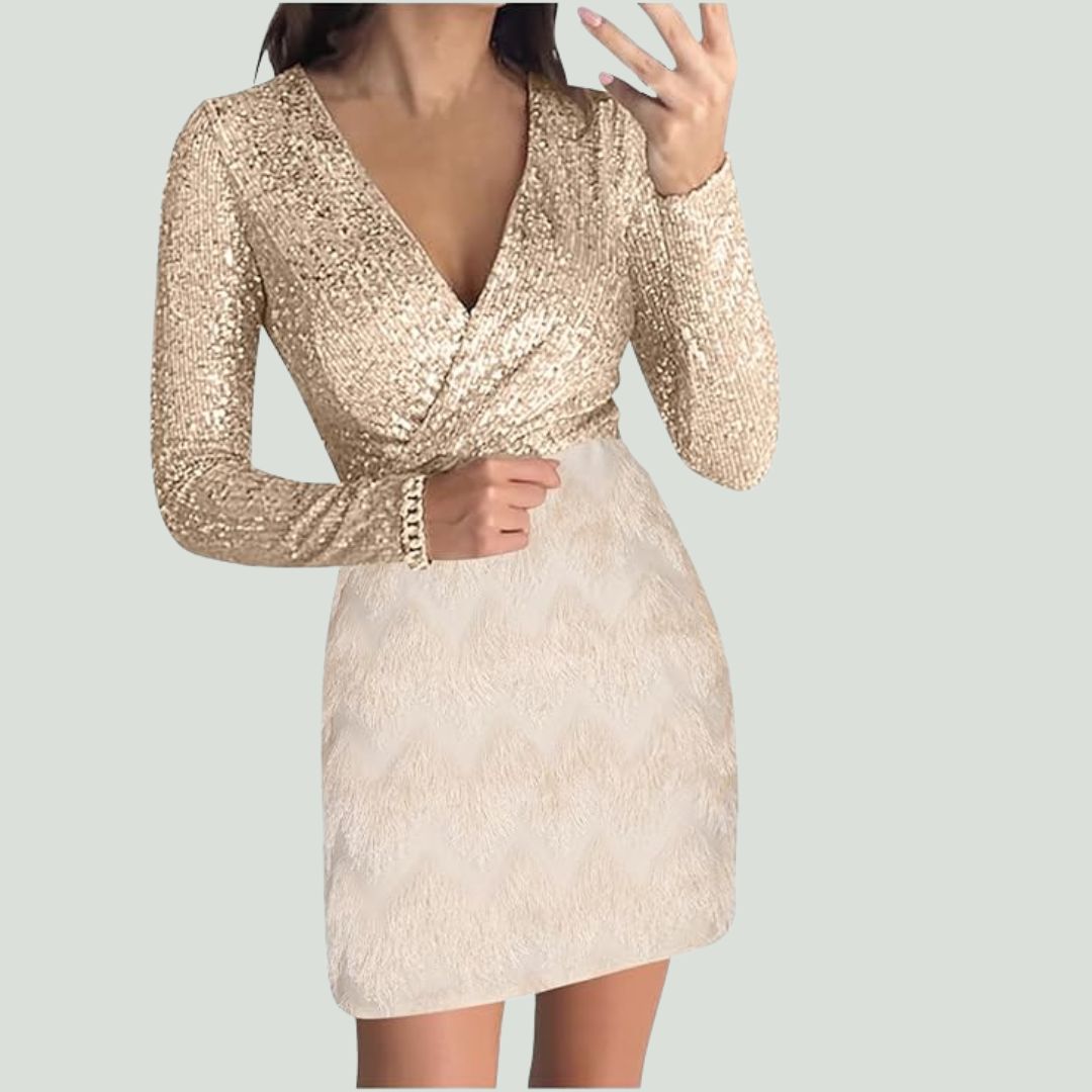 Sequin Wrap Deep V-Neck Long Sleeve Faux Two Piece Fringe Cocktail Mini Dress