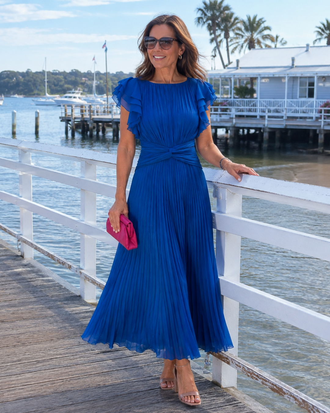 Flutter Sleeve Twist Front Pleated Maxi Dress