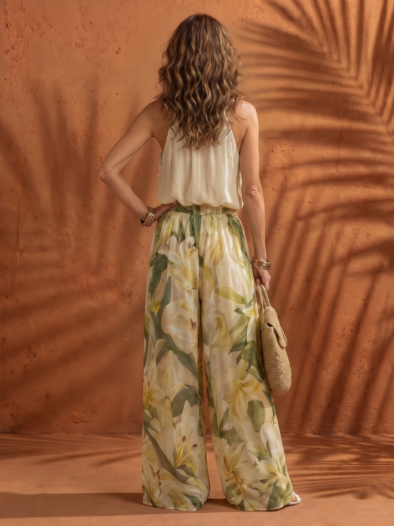 Halter Neck Ruffle Top and Floral Wide Leg Pants Two Piece Set