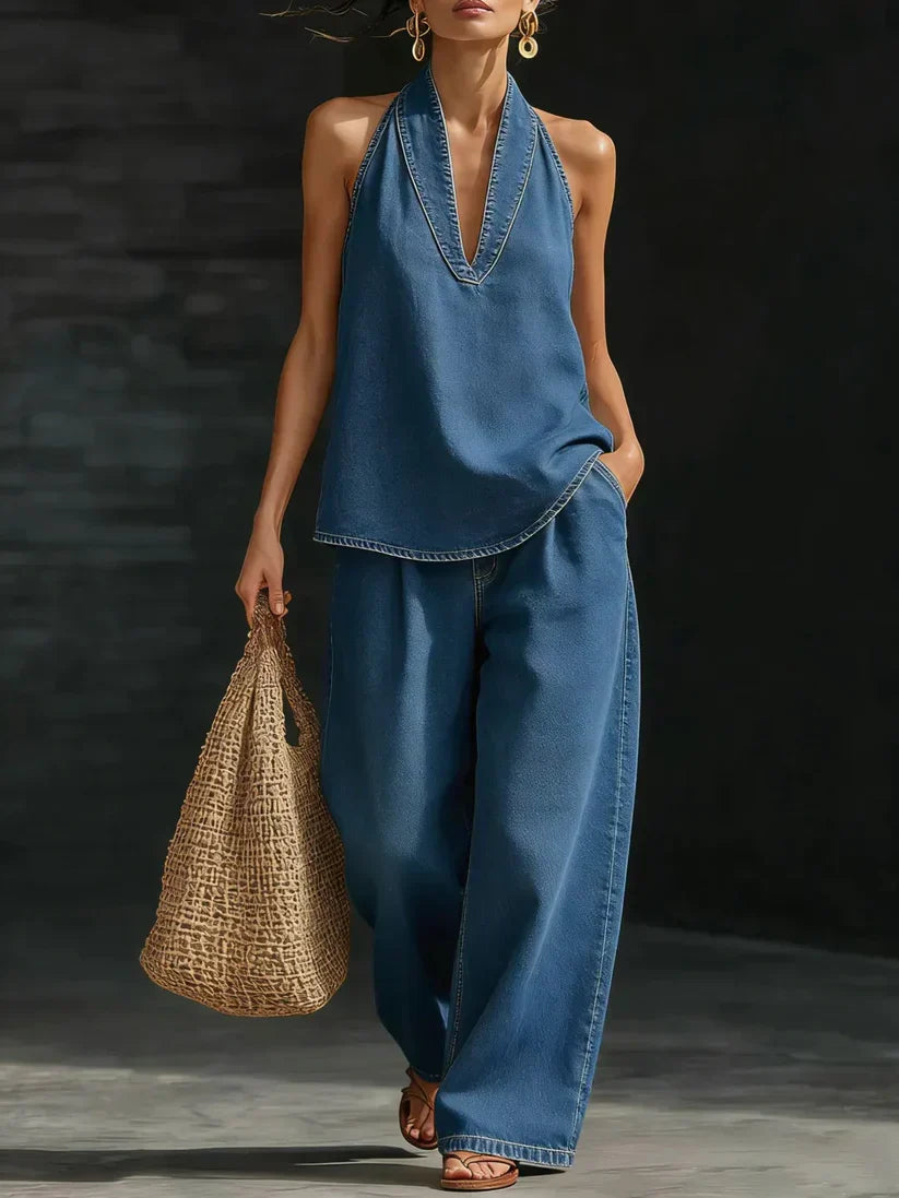 Denim Look Halter Deep V-Neck Top and Wide Leg Pants Two Piece Set