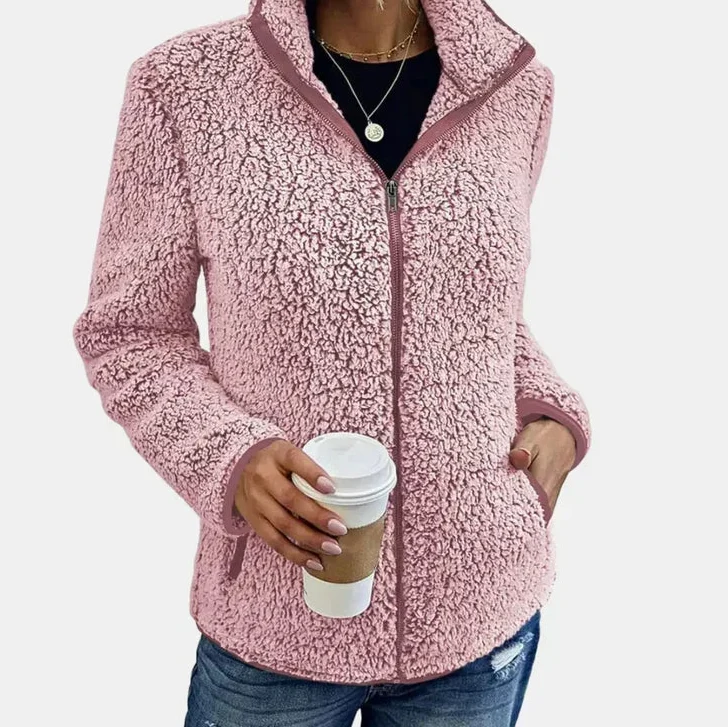 Zip Front Stand Collar Teddy Fleece Jacket