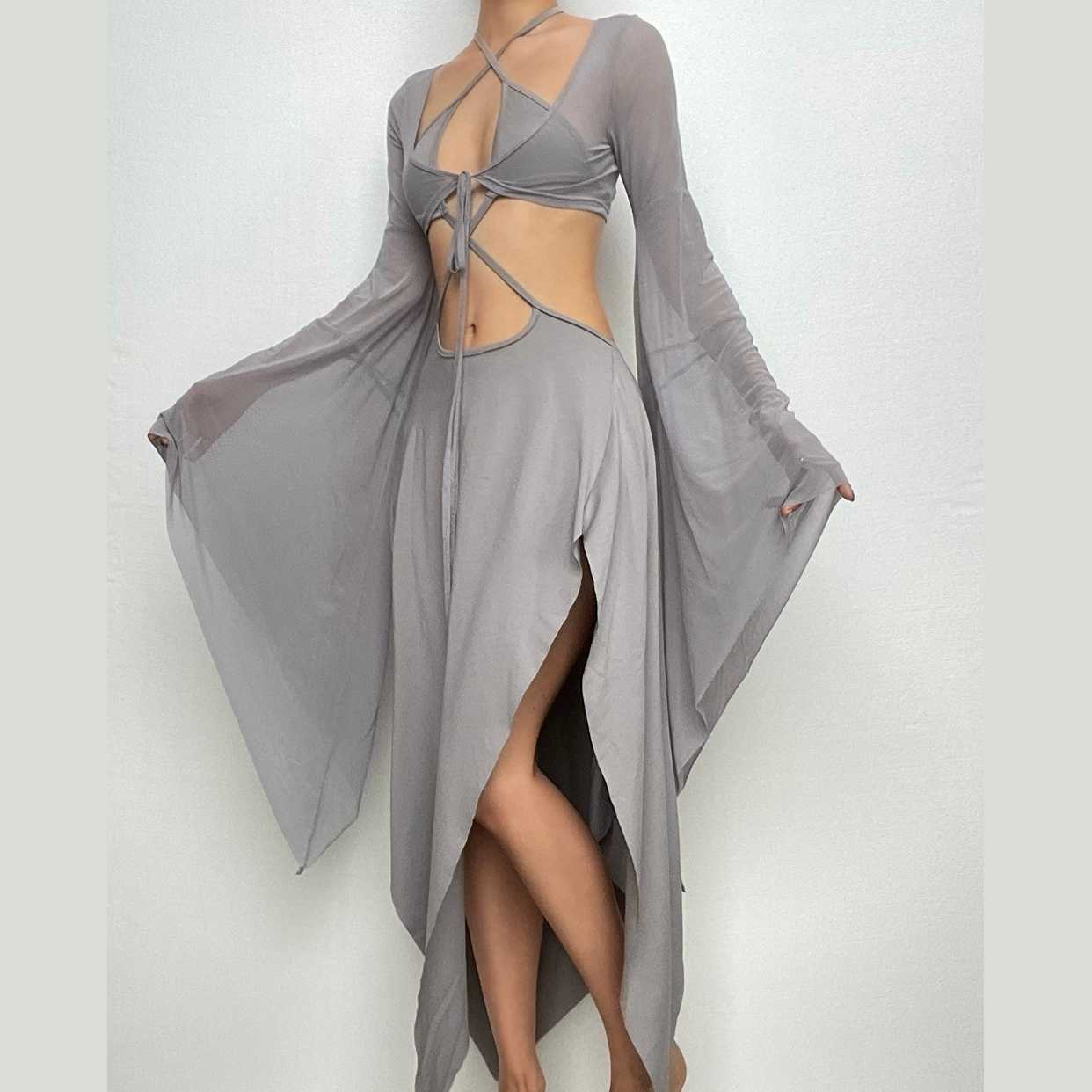 Mesh Halter Neck Flared Sleeve Cut Out High Split Midi Dress