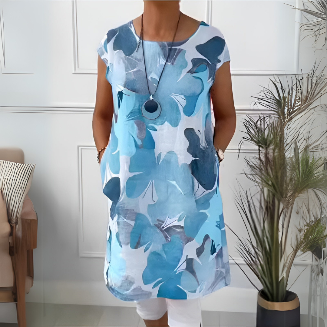 Watercolor Floral Round Neck Short Sleeve Tunic Dress