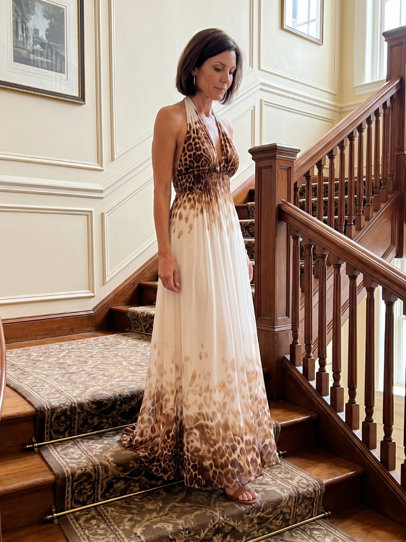 Leopard Print Halter Neck Deep V Plunge Maxi Dress 5