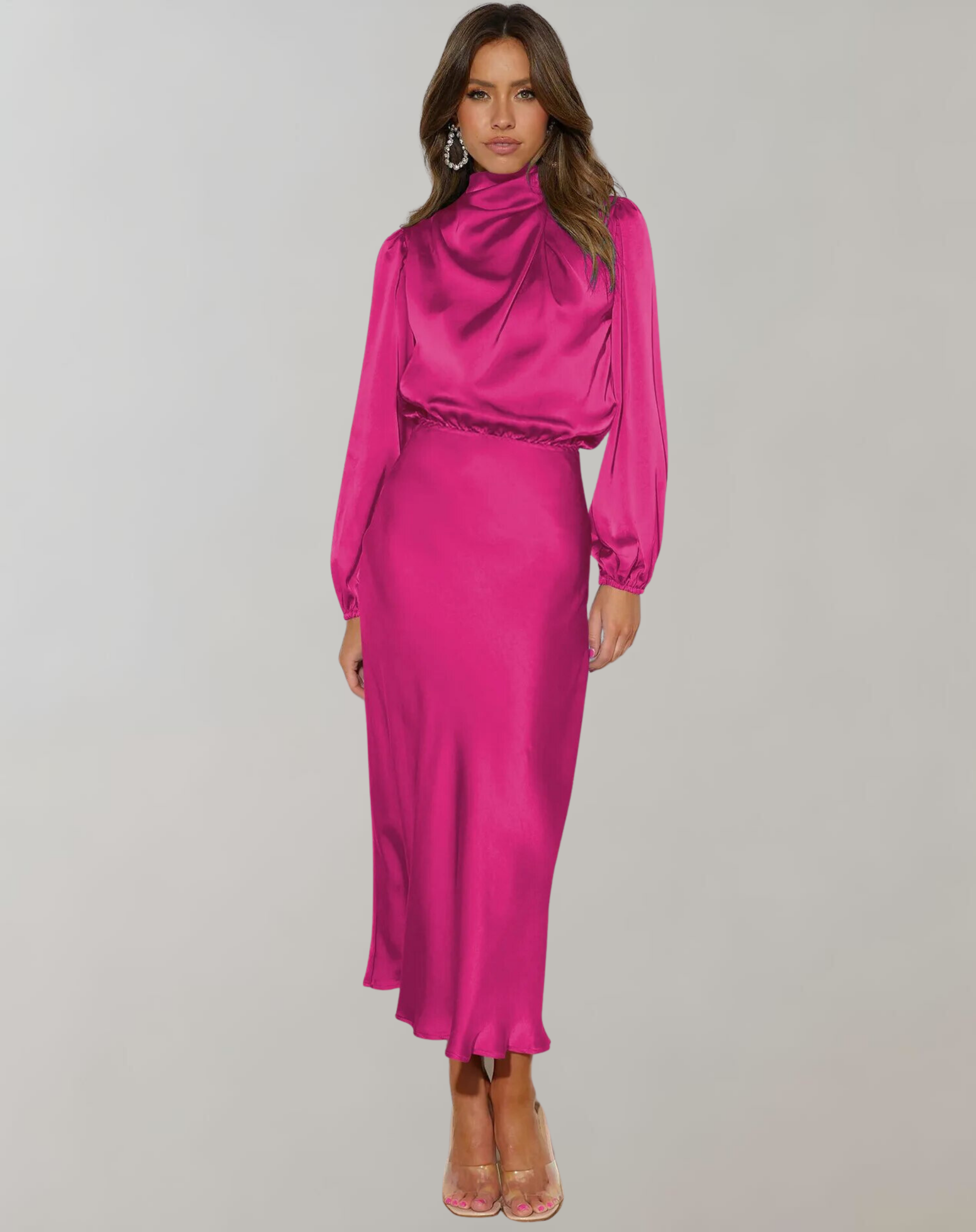 Satin Mock Neck Draped Bishop Sleeve Elastic Waist Midi Dress