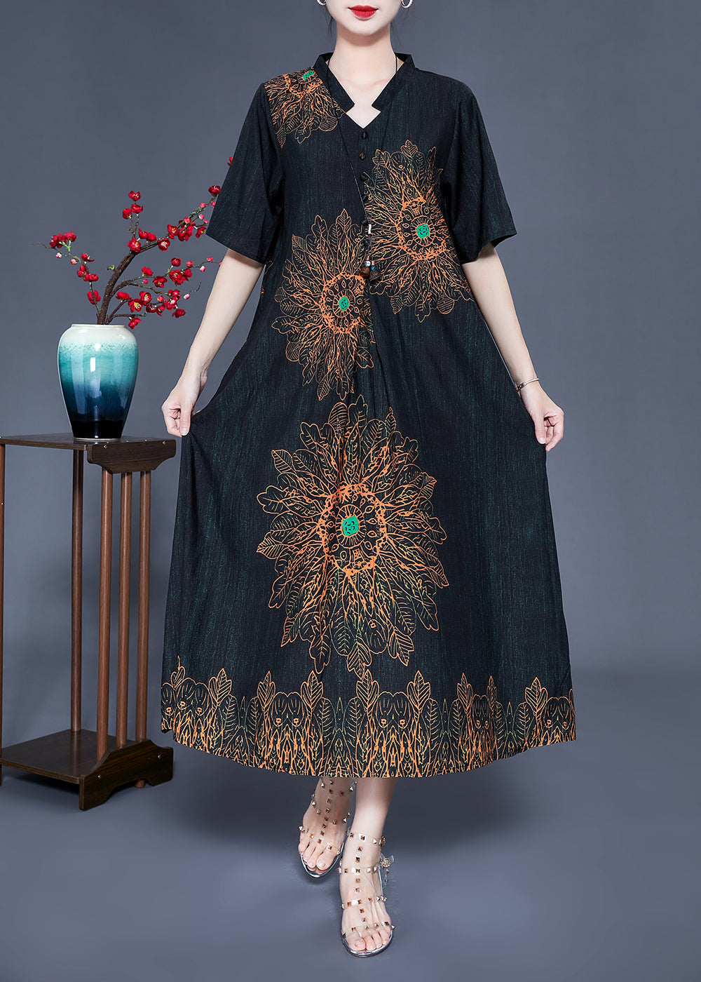 Floral Print Mandarin Collar V-Neck Short Sleeve Pocket A-Line Midi Dress