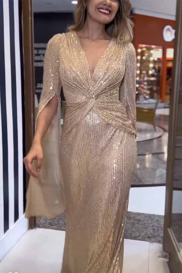 Sequin Deep V-Neck Cape Sleeve Twist Waist Maxi Dress