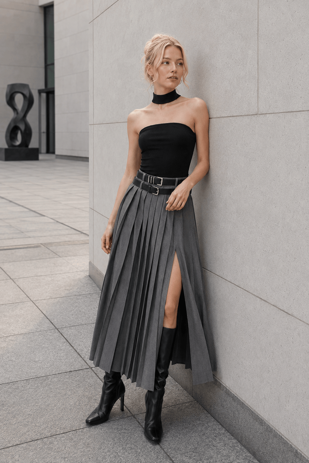 Pleated Split Maxi Trendy Skirt