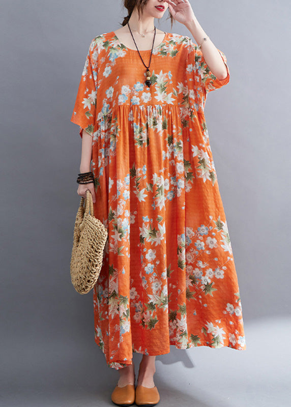 Floral Print Round Neck Elbow Sleeve Empire Waist Crinkled Textured Woven Maxi Dress