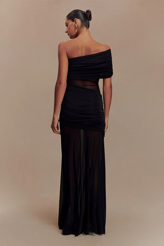 One Shoulder Ruched Mesh Panel Gown