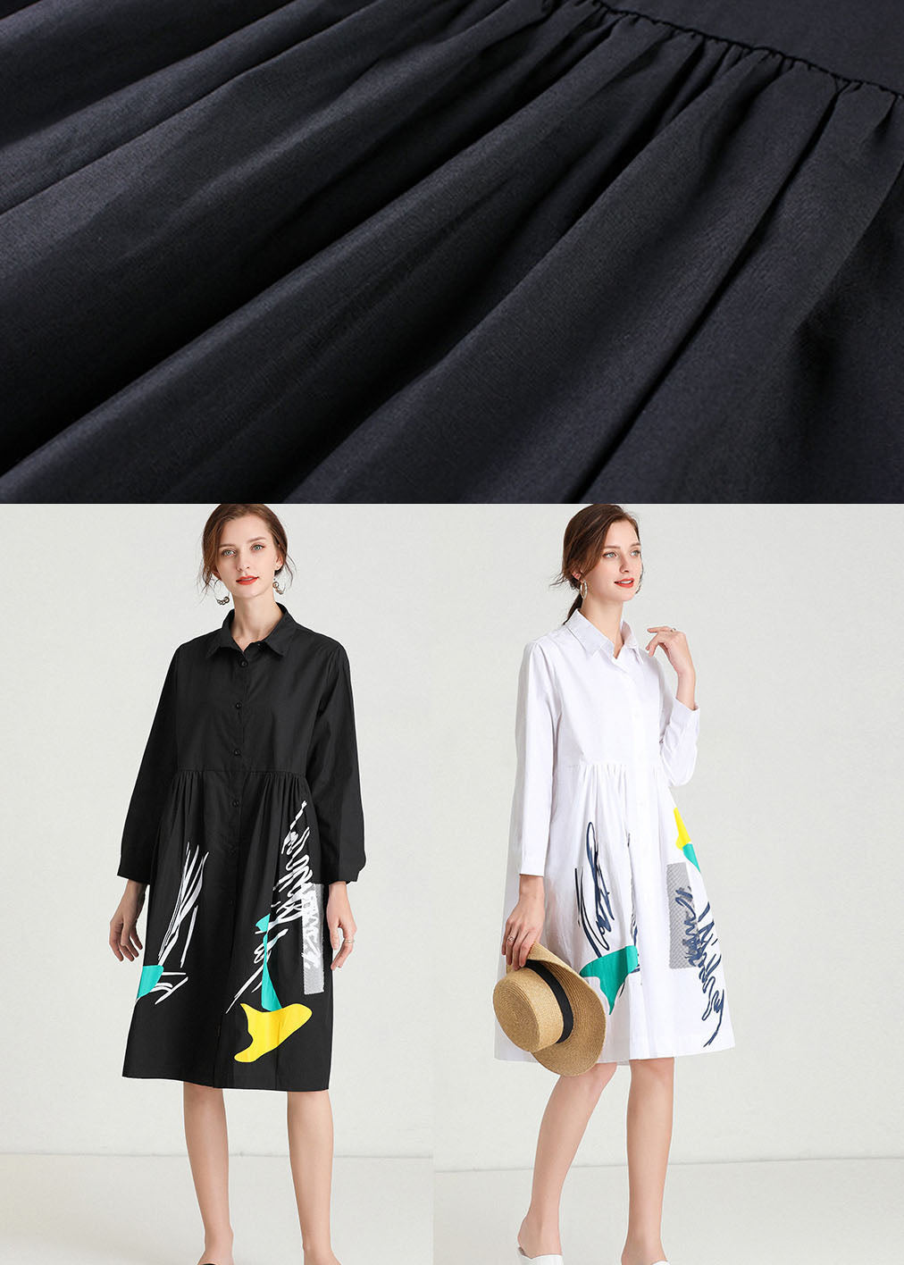 Color Block Graphic Print Collared Button Down Long Sleeve Empire Waist Shirt Dress