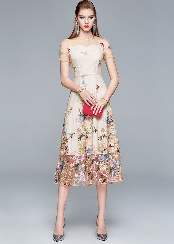 Floral Embroidered Mesh Illusion Neck Short Sleeve Overlay Hem Midi Dress