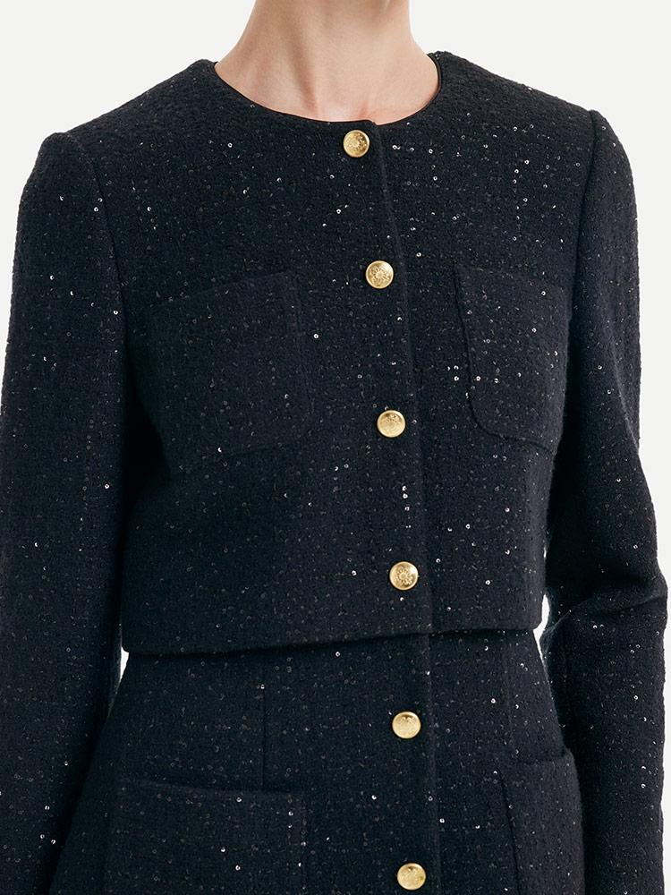 Tweed Collarless Button Front Patch Pocket Long Sleeve Mini Coat Dress