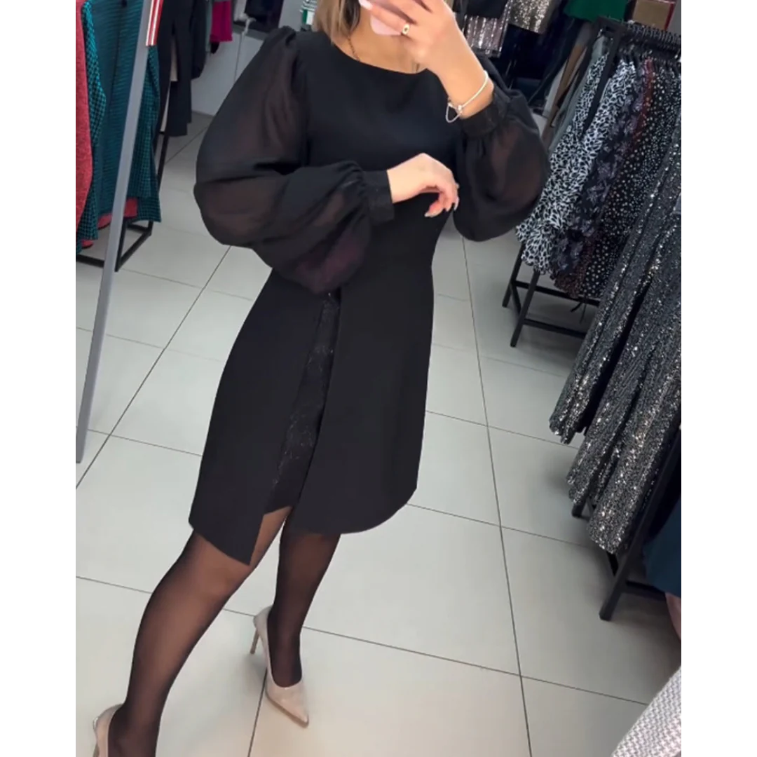 Chiffon Balloon Sleeve Overlap Front Slit Mini Dress