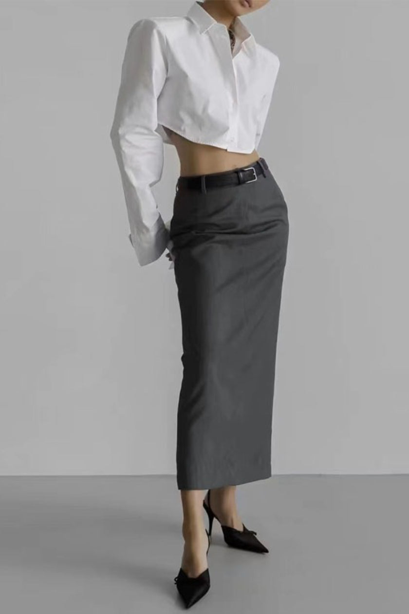 Wool Blazer Back Slit Midi Skirt