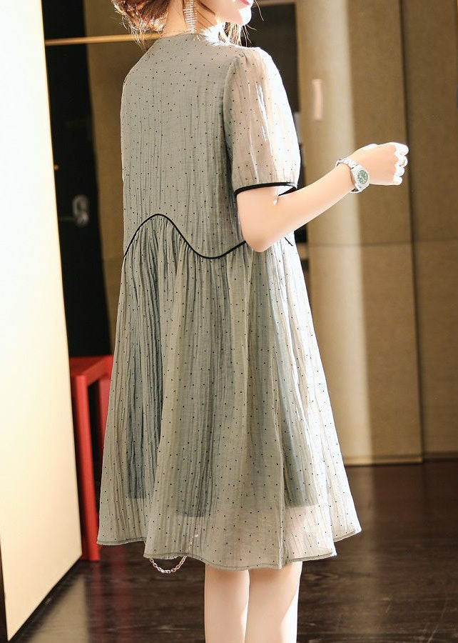 Swiss Dot Peter Pan Collar Puff Sleeve Wavy Piping A-Line Dress