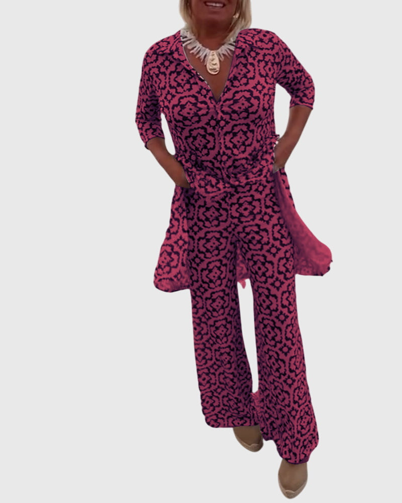 Geometric Print Tunic Top and Pants Two Piece Set