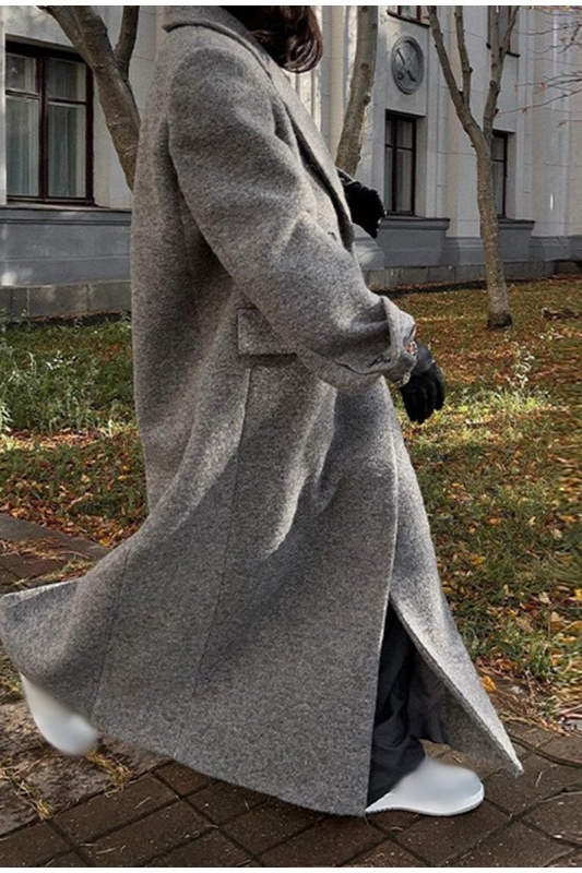 Elegant Wool Lapel Single Button Pocket Office Overcoat